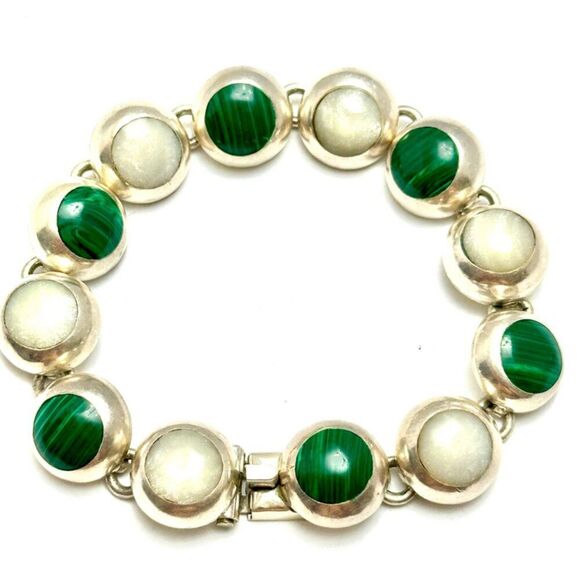 925 Solid Sterling Silver Jewelry - Sterling Silver 950 TAXCO Natural Stones 7 inch Bracelet.
